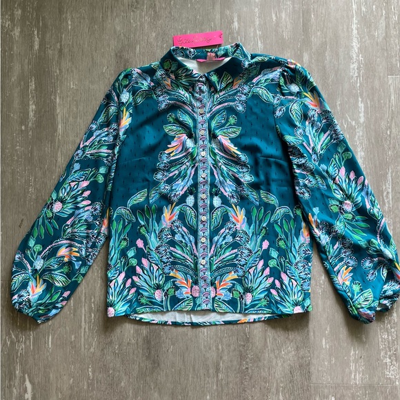 Lilly Pulitzer Tops - Lilly Pulitzer Tavia Top - Valencia Teal Rain Florist Engineered